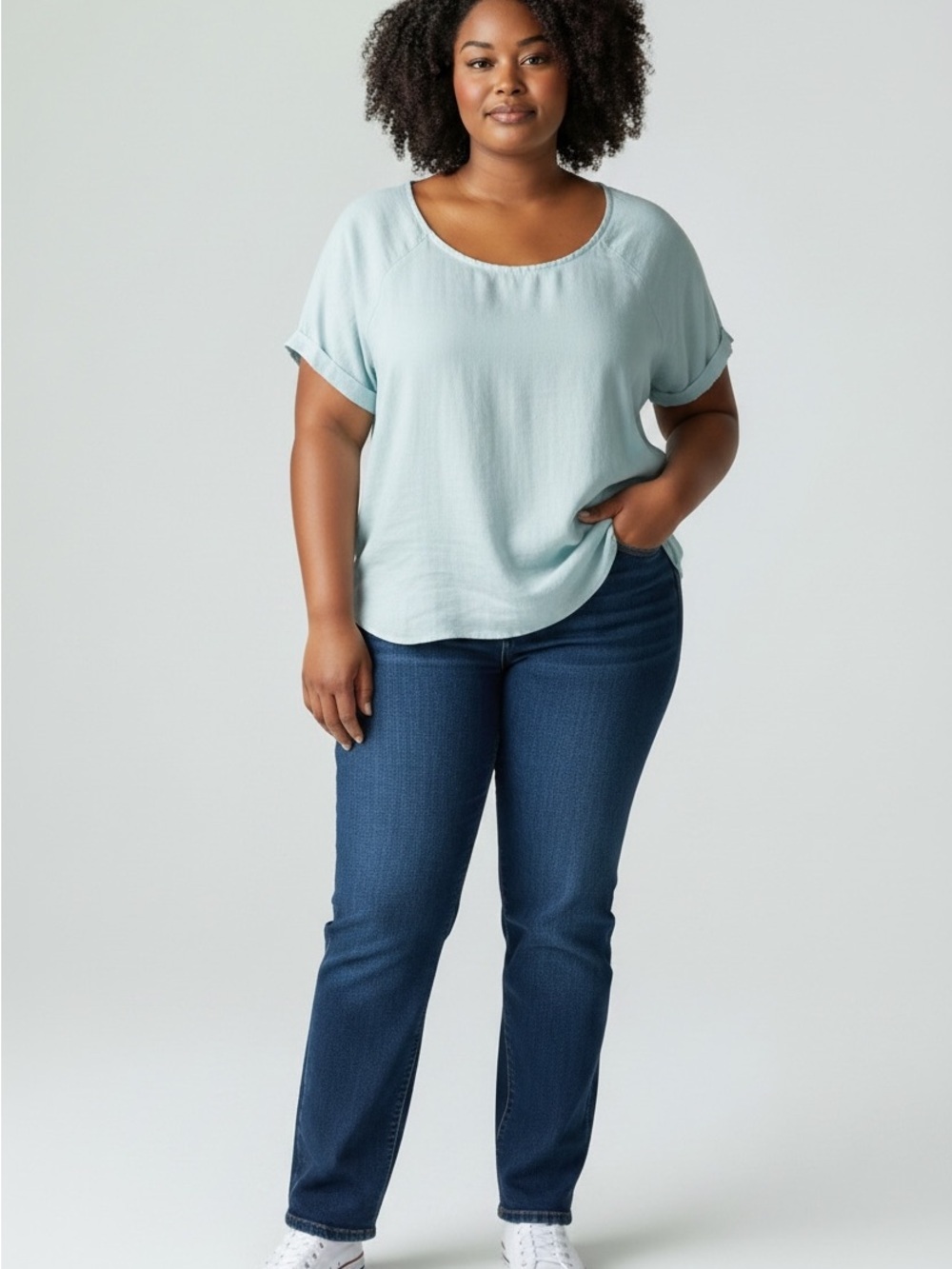Max Studio Linen Cotton Blend Lightweight Summer Top Light Teal Short Sleeve